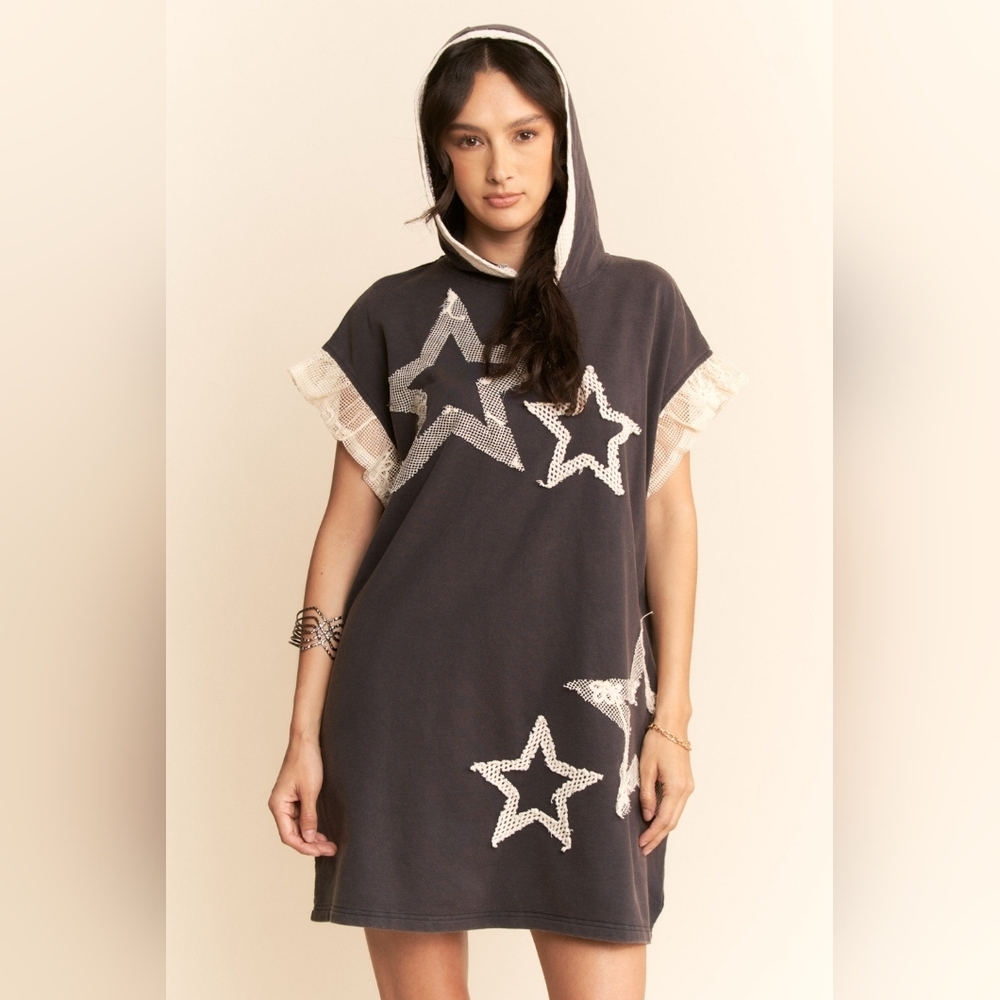 Davi & Dani Star Patch Hooded Lace Ruffle Sleeve Mineral Wash Mini Tshirt Dress